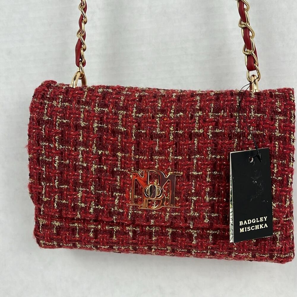 Badgley Mischka Purse Burgundy Red Tweed Shoulder Bag Crossbody Gold Accents